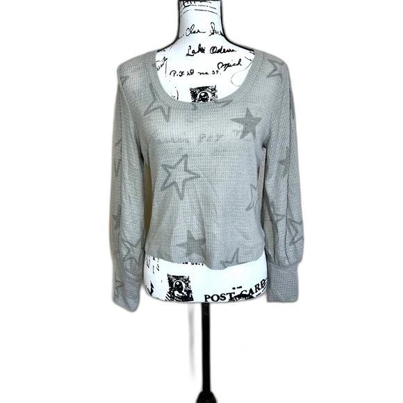 Pink Rose grey top waffle knit star Long sleeve crop top size M coastal Cozie - Picture 1 of 9